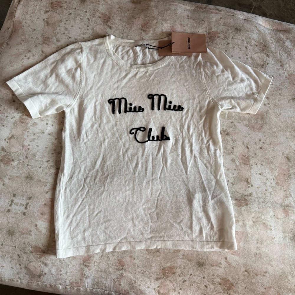 Miu Miu Club Embroidered Black and White Short Sleeve Tee